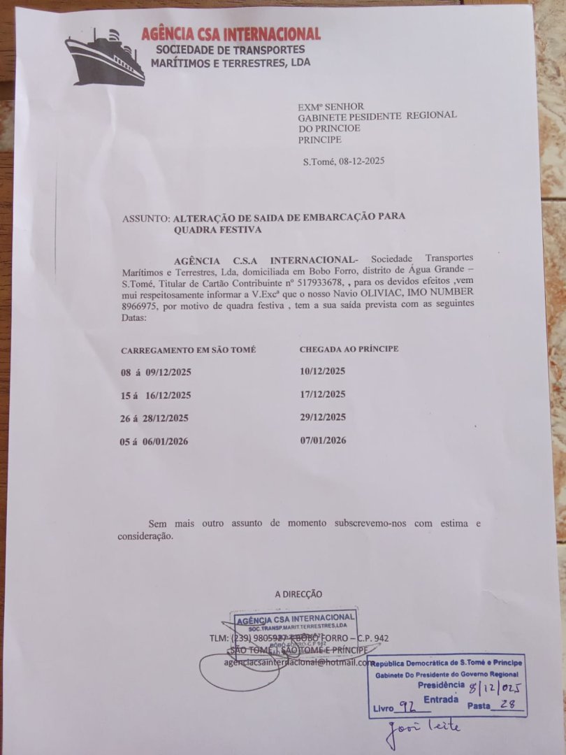 Alteração de Escalas do Navio OLIVIAC para a Quadra Festiva