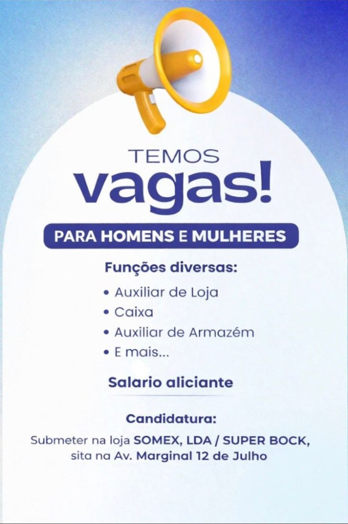 Vagas para Auxiliar, Caixa, e outros